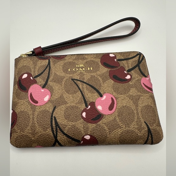 Coach Corner Zip Wristlet In Signature Canvas With Cherry Print NWT - Picture 6 of 11